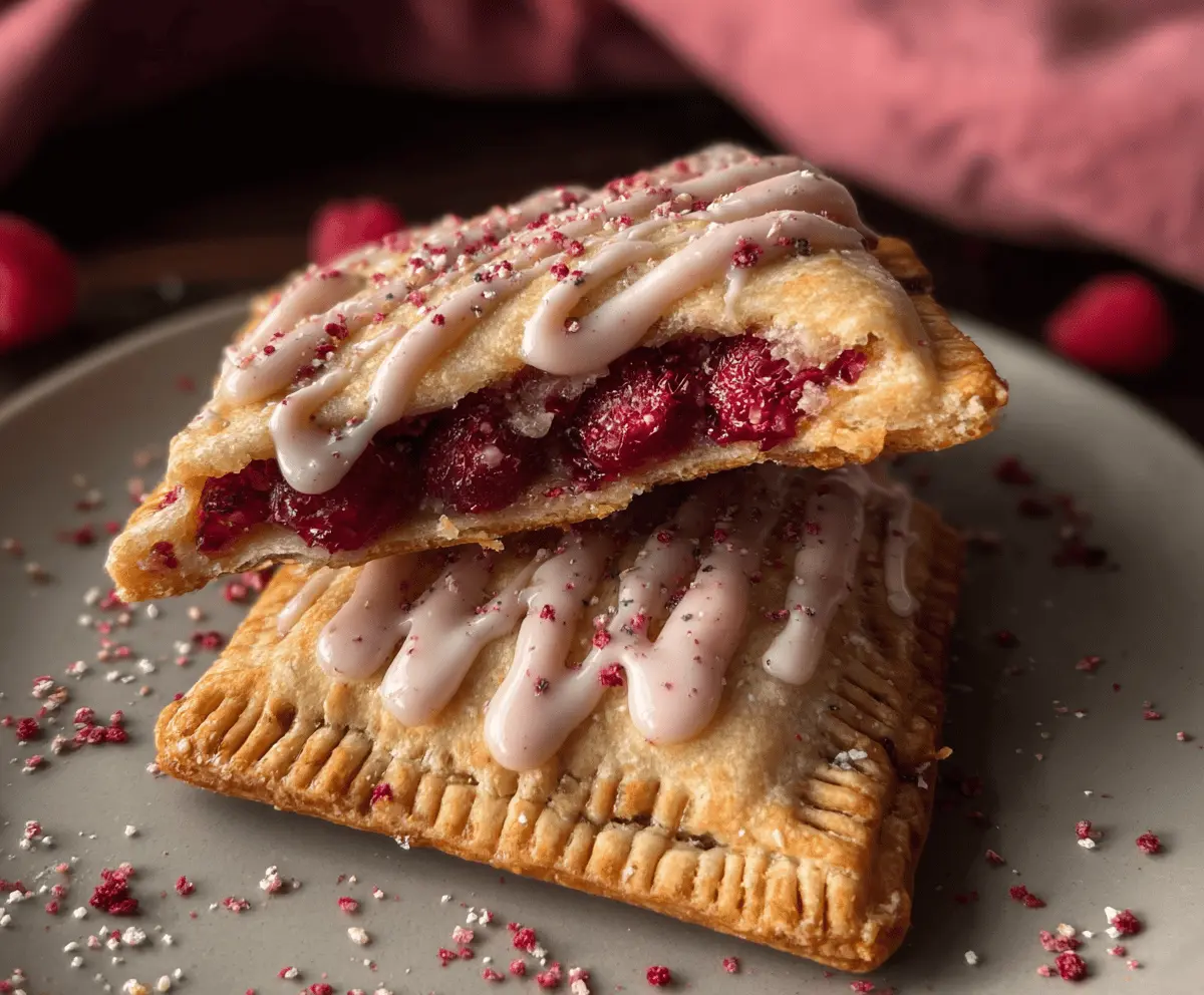 Delicious homemade raspberry protein pop tarts with vibrant raspberry filling and golden toasted crust, perfect for a healthy breakfast or snack