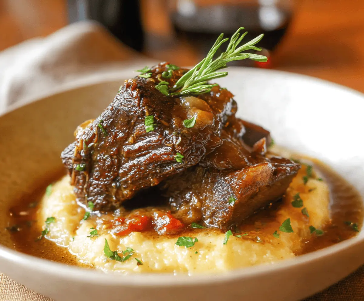 Tender red wine braised short ribs served with rich sauce and garnished with fresh herbs on a rustic plate