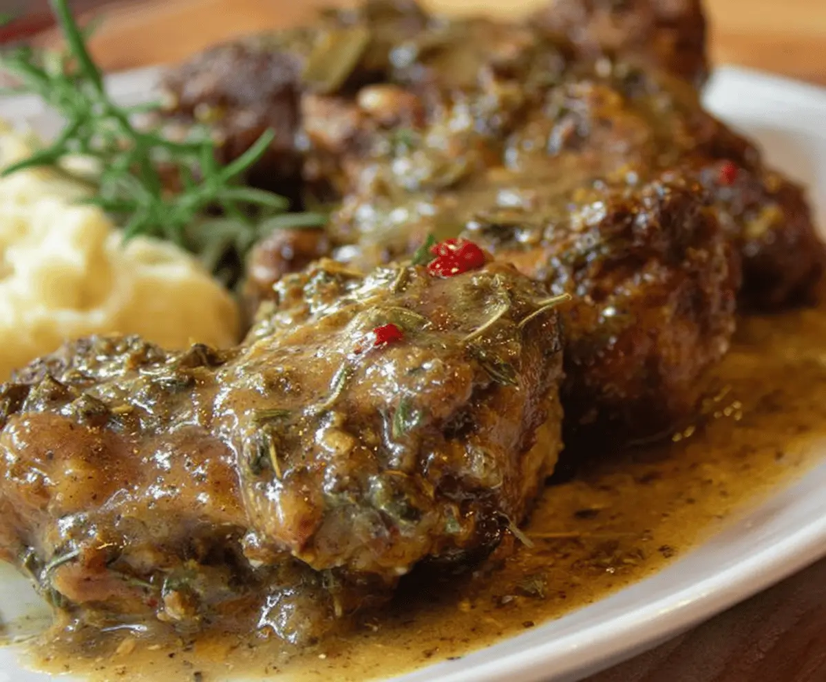 Delicious smothered turkey wings served with gravy and savory sides