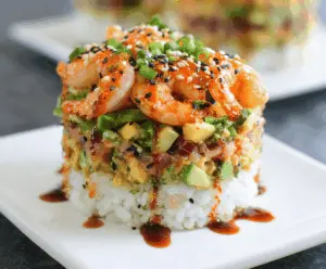 Delicious spicy shrimp sushi stacks with fresh ingredients and vibrant presentation, perfect for sushi lovers.