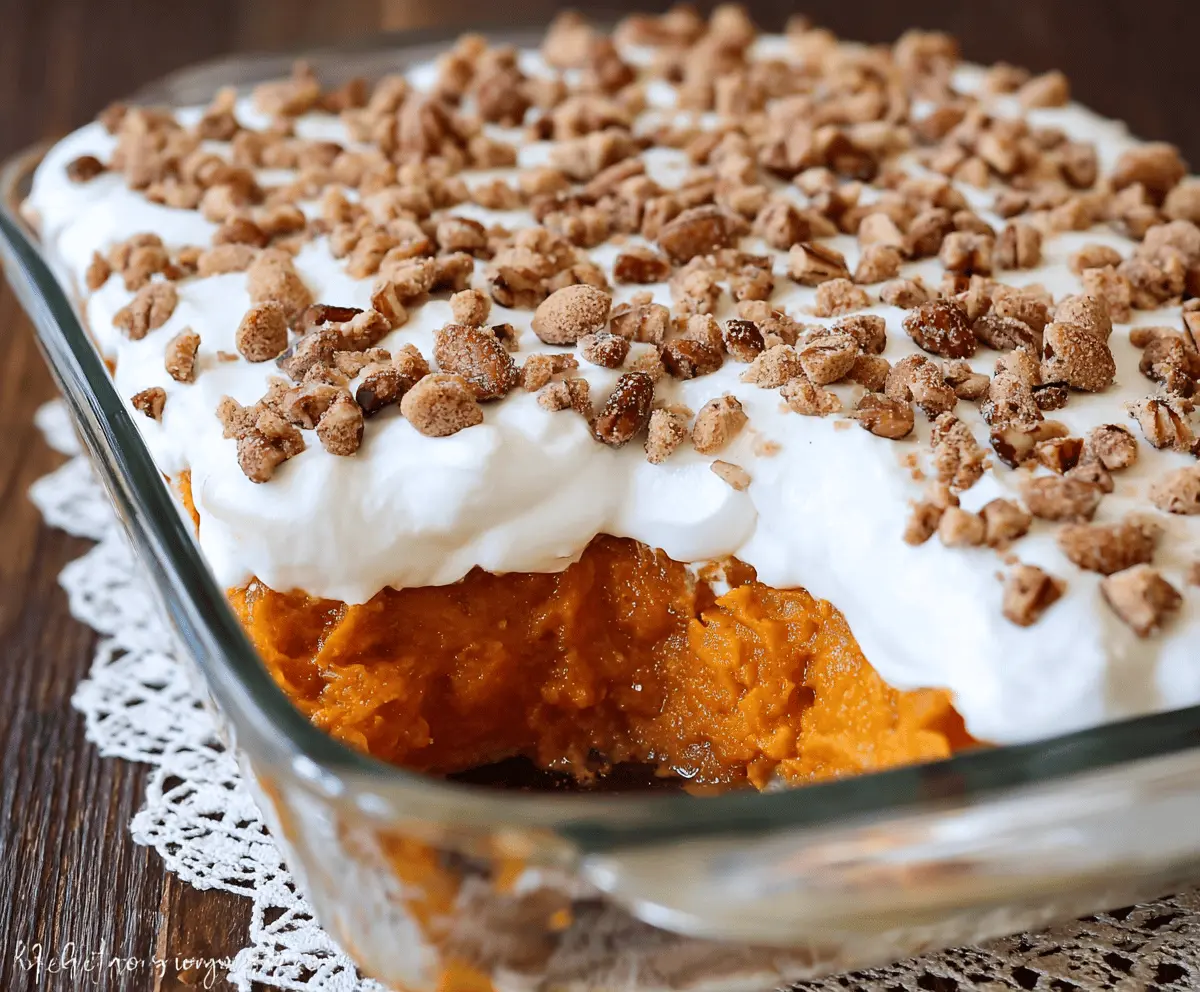 Creamy sweet potato casserole topped with marshmallows and pecans, served as a delicious holiday side dish