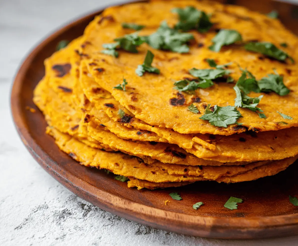 Freshly made sweet potato tortillas stacked on a wooden surface, showcasing their vibrant orange color and soft texture, perfect for healthy wraps and tacos.