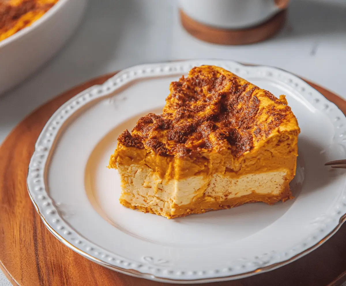 Delicious high-protein cottage cheese pumpkin bake topped with cinnamon and herbs, served in a white ceramic dish, perfect for healthy fall meals