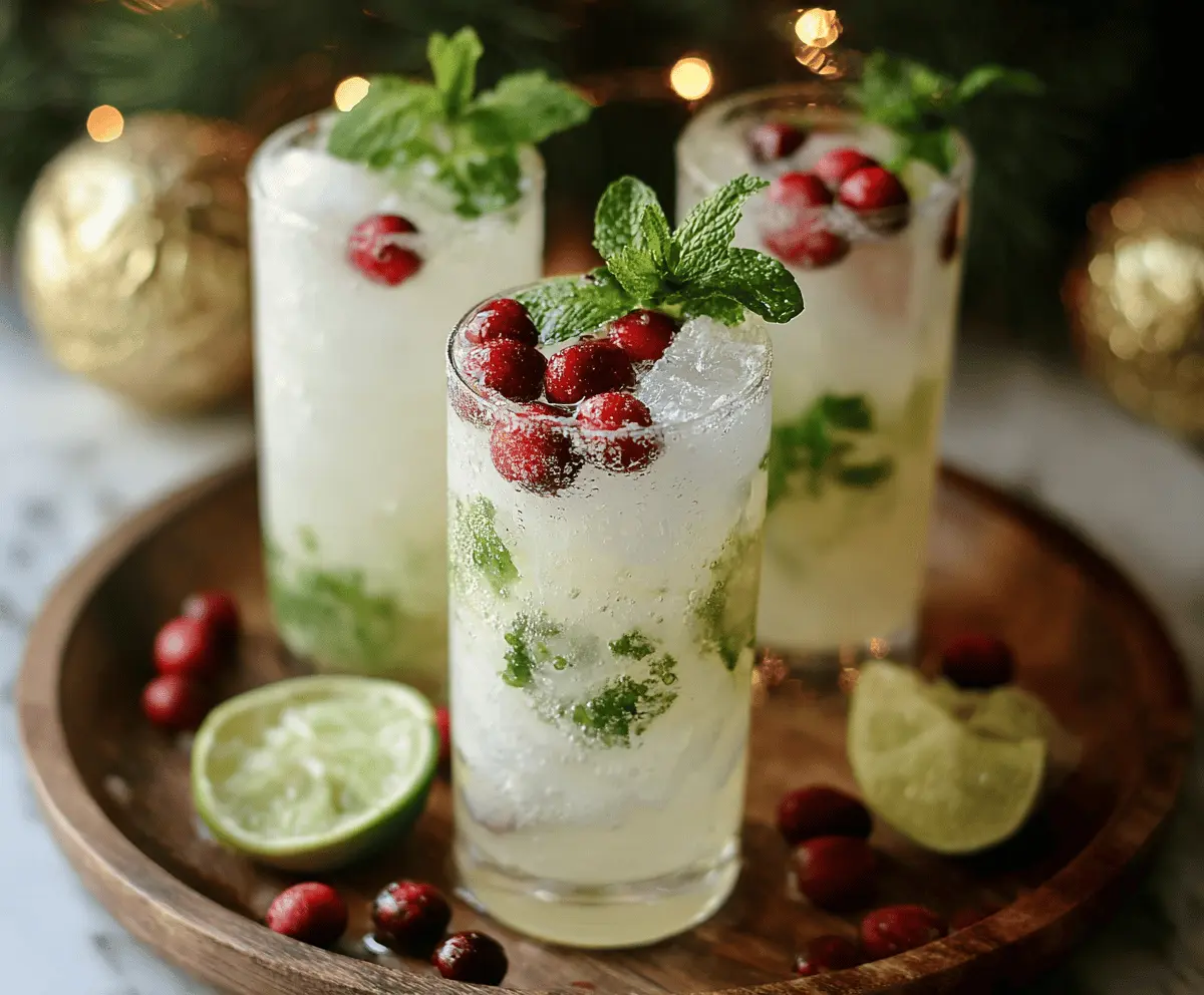 A festive glass of White Christmas Mojito cocktail garnished with mint leaves and a sprinkle of powdered sugar, perfect for holiday celebrations.