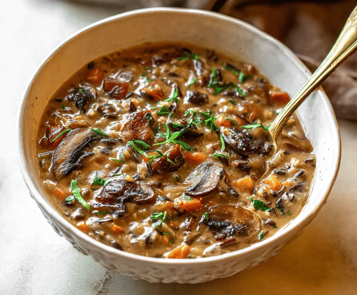 Creamy wild rice mushroom soup garnished with fresh herbs in a rustic bowl, showcasing a hearty and comforting vegetarian dish.