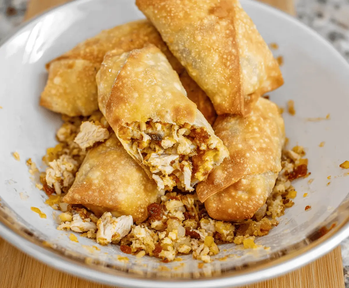 Crispy Air Fryer Turkey Egg Rolls filled with Thanksgiving leftovers on a plate.