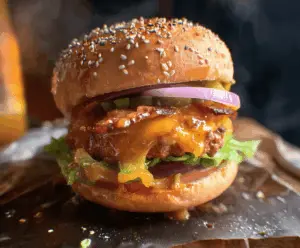Juicy homemade burgers with fresh lettuce, tomato, and melted cheese on a wooden platter for Burgers My Way recipe.