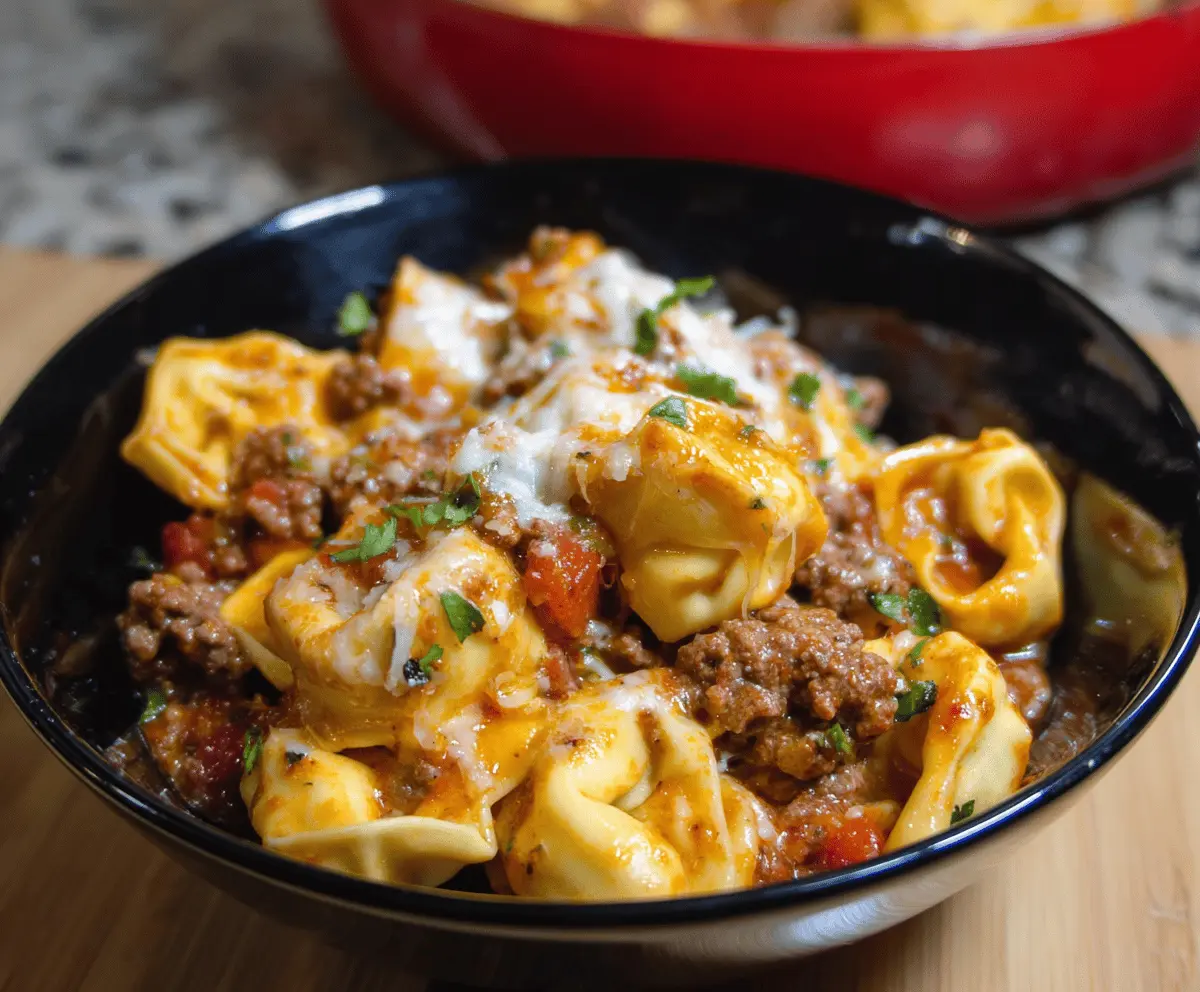 Delicious cheesy beef tortellini served on a white plate, topped with melted cheese and fresh herbs.