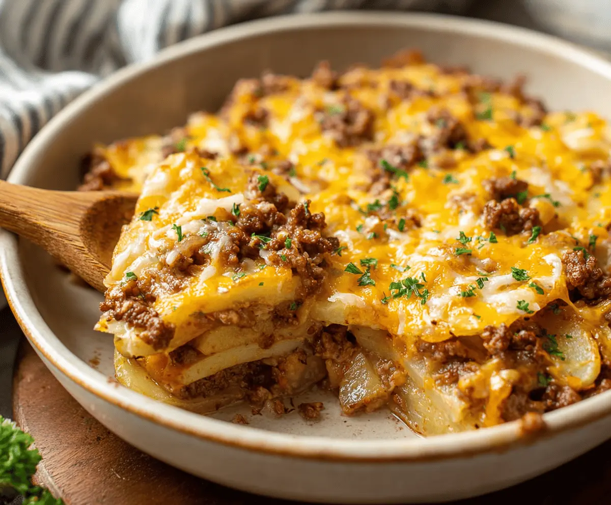 Delicious cheesy ground beef and potato casserole served hot on a platter.