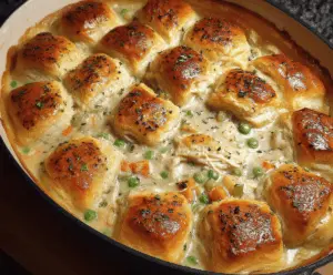 Delicious Chicken Pot Pie Casserole with flaky crust and creamy filling on a rustic table.