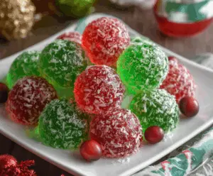 Festive Christmas Jello Balls recipe with colorful gelatin layers and holiday decorations
