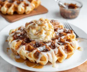 Delicious cinnamon roll waffles topped with rich glaze and cinnamon swirls.