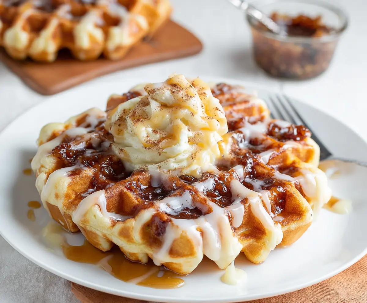 Delicious cinnamon roll waffles topped with rich glaze and cinnamon swirls.