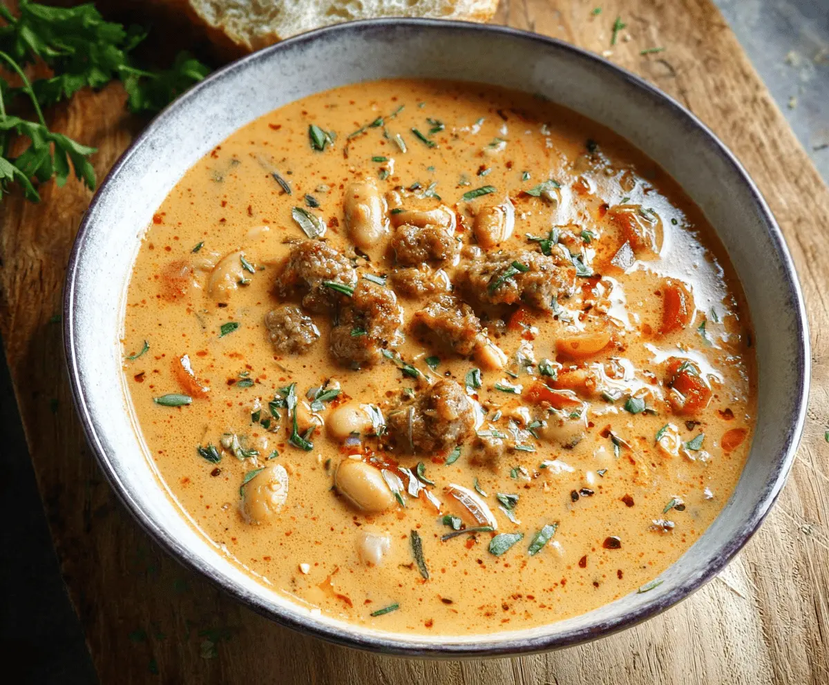 Bowl of creamy bean soup with sausage garnished with fresh herbs, served in a rustic setting.
