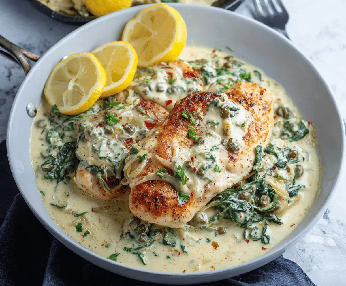 Creamy Mediterranean Chicken Skillet with fresh herbs and roasted vegetables on a plate.