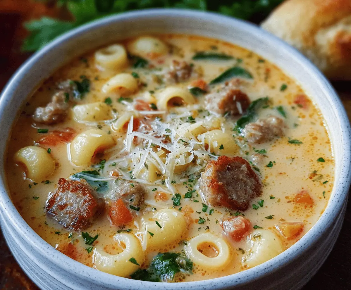 Bowl of creamy Parmesan Italian sausage ditalini soup with melted cheese and fresh herbs.