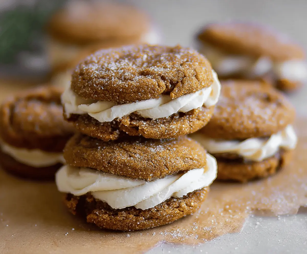 Delicious ginger molasses sandwich cookies with creamy buttercream frosting, perfect for holiday treats.