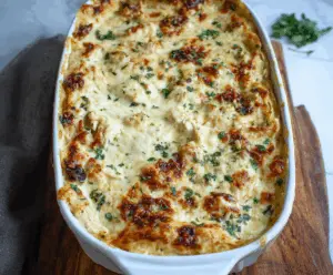 Creamy Marry Me Chicken Lasagna with melted cheese and fresh herbs