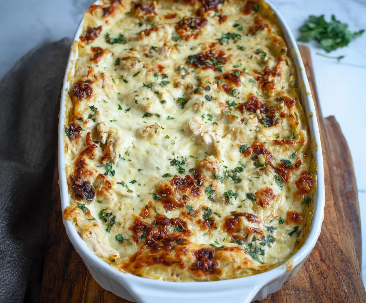 Creamy Marry Me Chicken Lasagna with melted cheese and fresh herbs