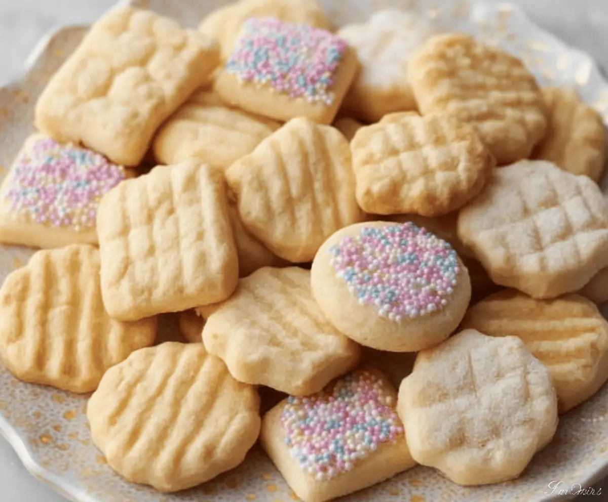 Delicious mini sugar cookies with a glossy sugar glaze on a rustic wooden surface.
