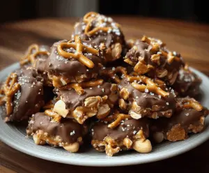 Delicious no-bake peanut butter pretzel clusters on a white plate, showcasing a crunchy and creamy treat topped with chocolate.