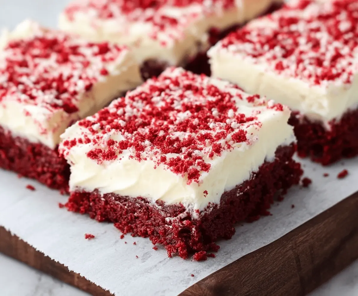 Delicious red velvet cookie bars with cream cheese frosting on a white plate.