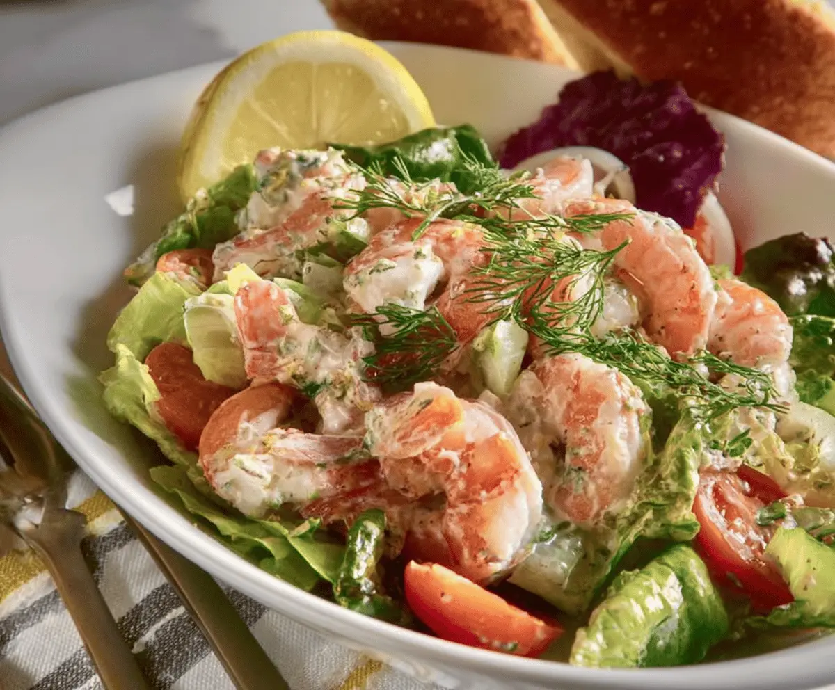 Fresh shrimp salad with mixed greens and vibrant vegetables, perfect for a healthy meal.
