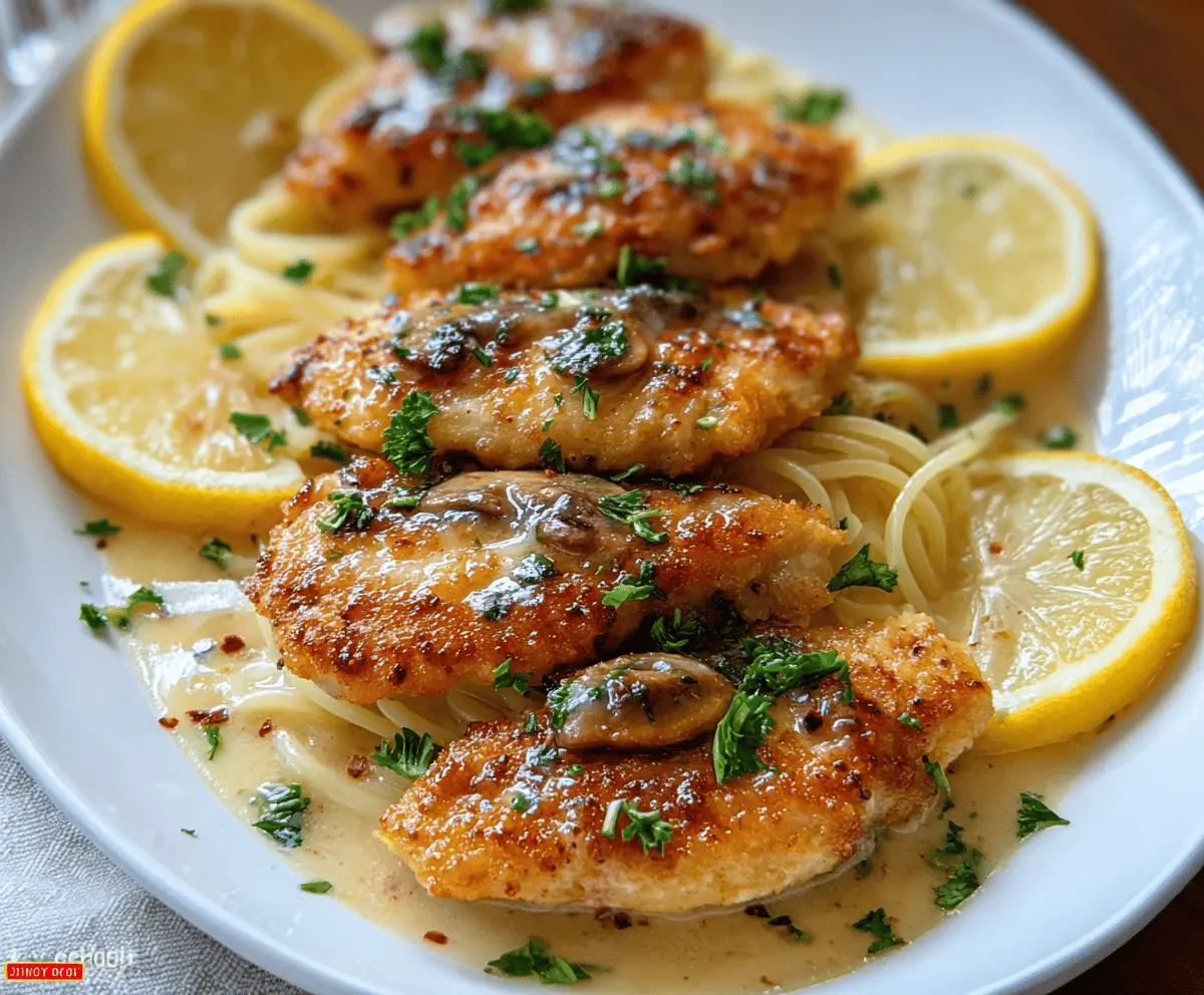 Delicious chicken scallopini served with fresh herbs and lemon slices on a elegant plate.