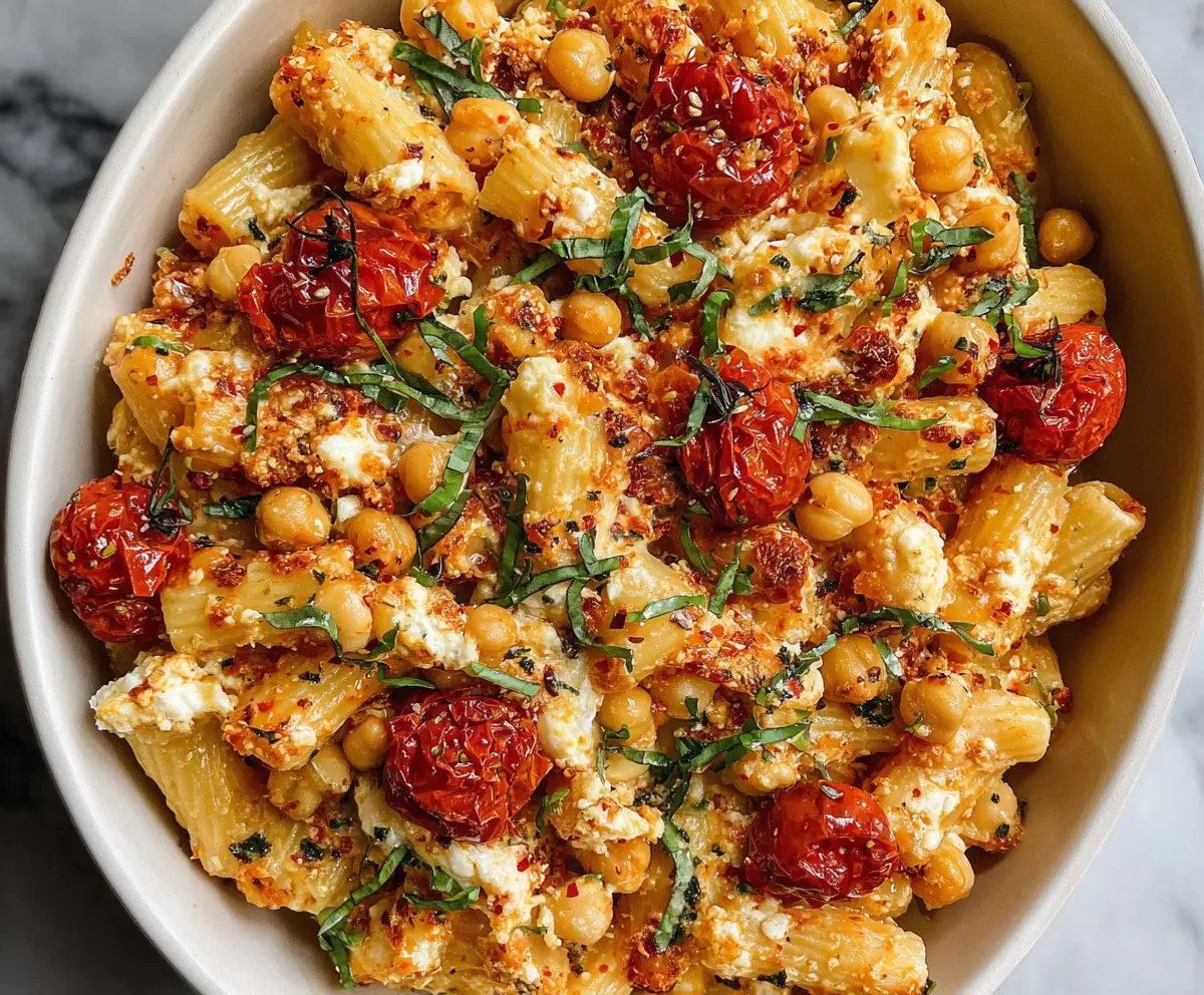 Delicious baked feta pasta with chickpeas served in a stylish bowl, garnished with fresh herbs.