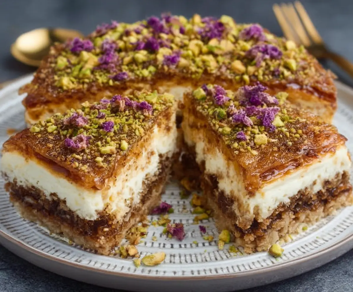 Delicious Baklava Cheesecake with layers of flaky pastry, chopped nuts, and rich cream cheese filling.
