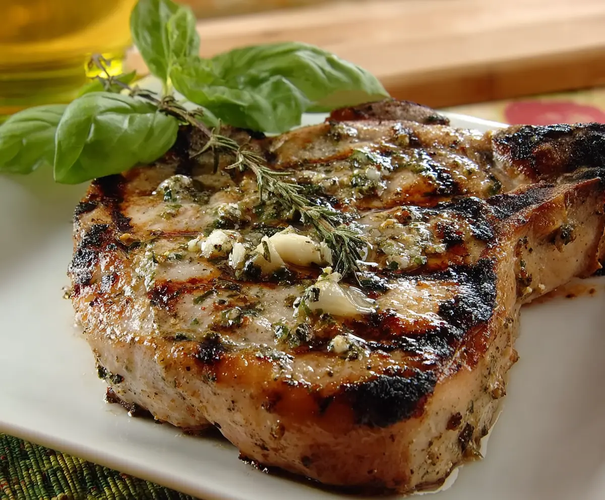 Juicy basil-garlic grilled pork chops served on a platter, perfect for a savory dinner.
