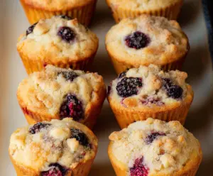 Delicious homemade blackberry muffins with fresh blackberries and golden crust.