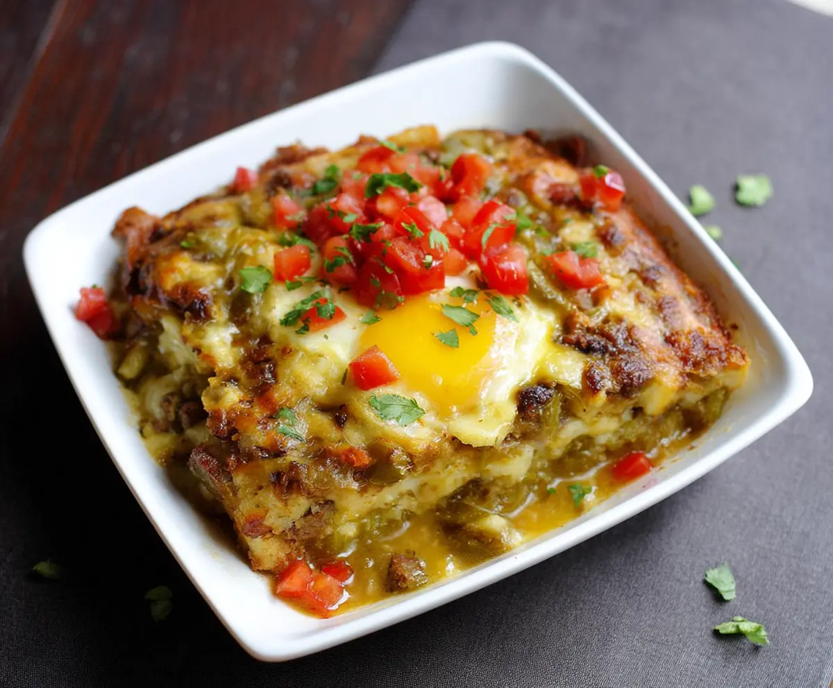 Delicious Breakfast Burrito Bake with scrambled eggs, cheese, and vegetables in a baking dish