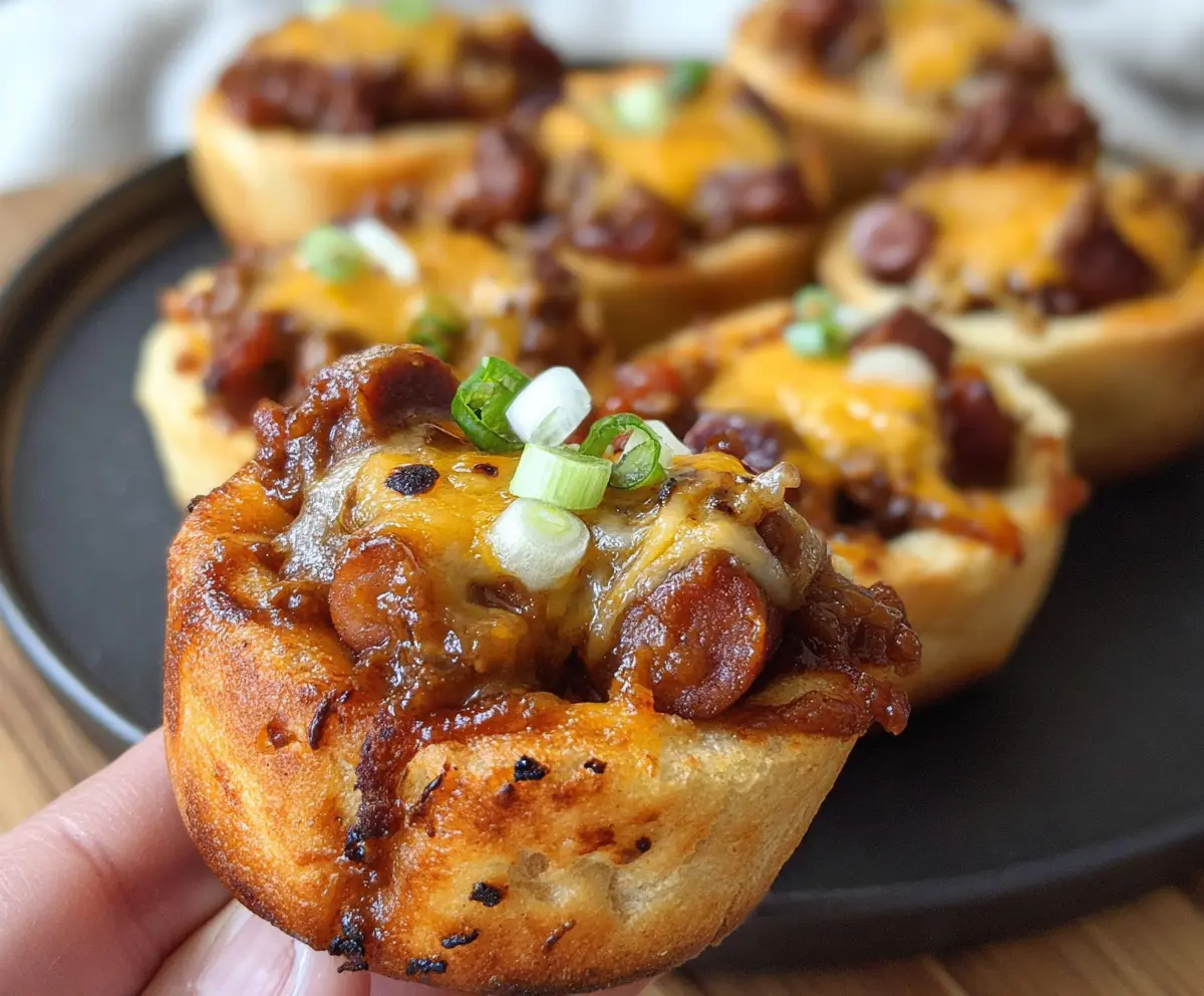 Delicious cheesy chili dog cups topped with melted cheese and fresh toppings, perfect for snack or party appetizer.