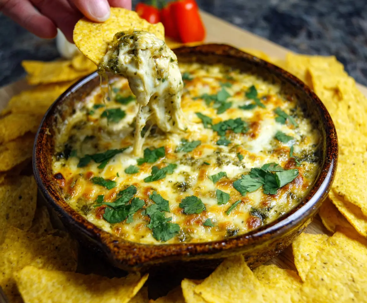 Creamy cheesy salsa verde dip served with crispy tortilla chips