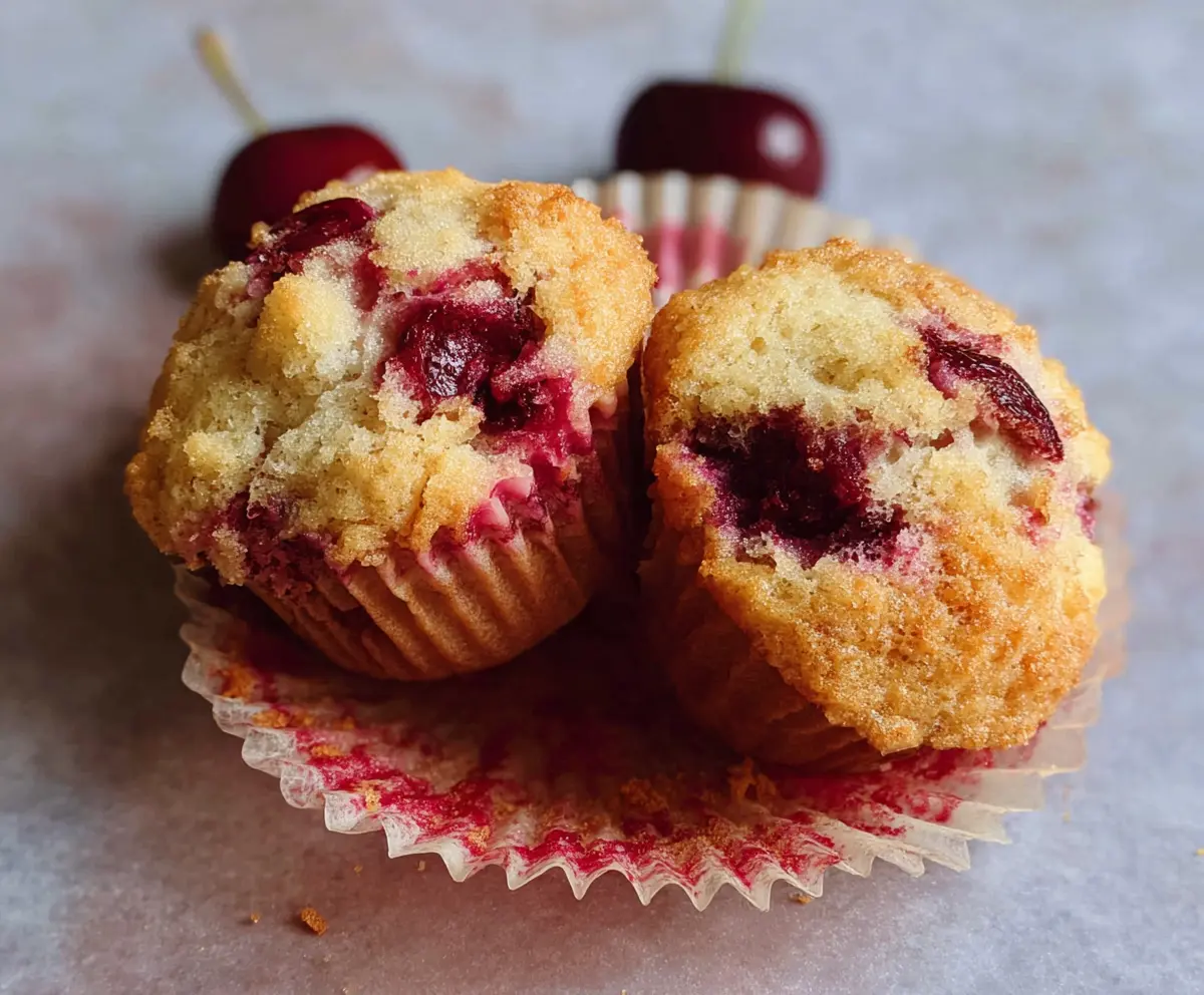 Fresh cherry muffins in a baking tin with vibrant red cherries and fluffy texture.