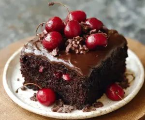 Delicious chocolate cherry cake topped with fresh cherries and rich chocolate glaze.