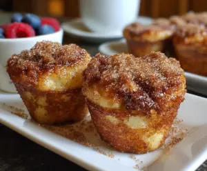 Delicious cinnamon sugar French toast muffins topped with powdered sugar and served with fresh berries.