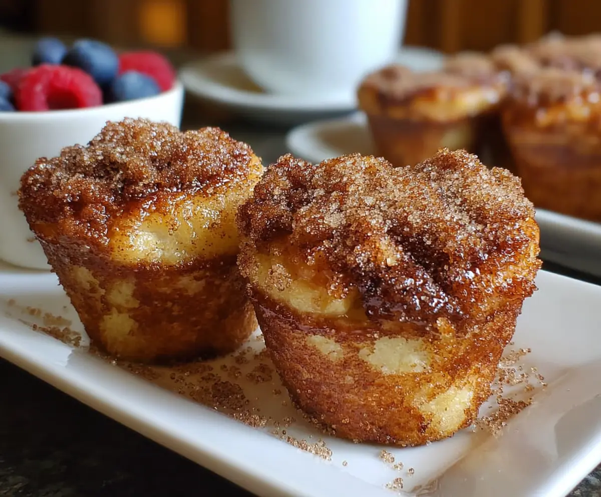 Delicious cinnamon sugar French toast muffins topped with powdered sugar and served with fresh berries.