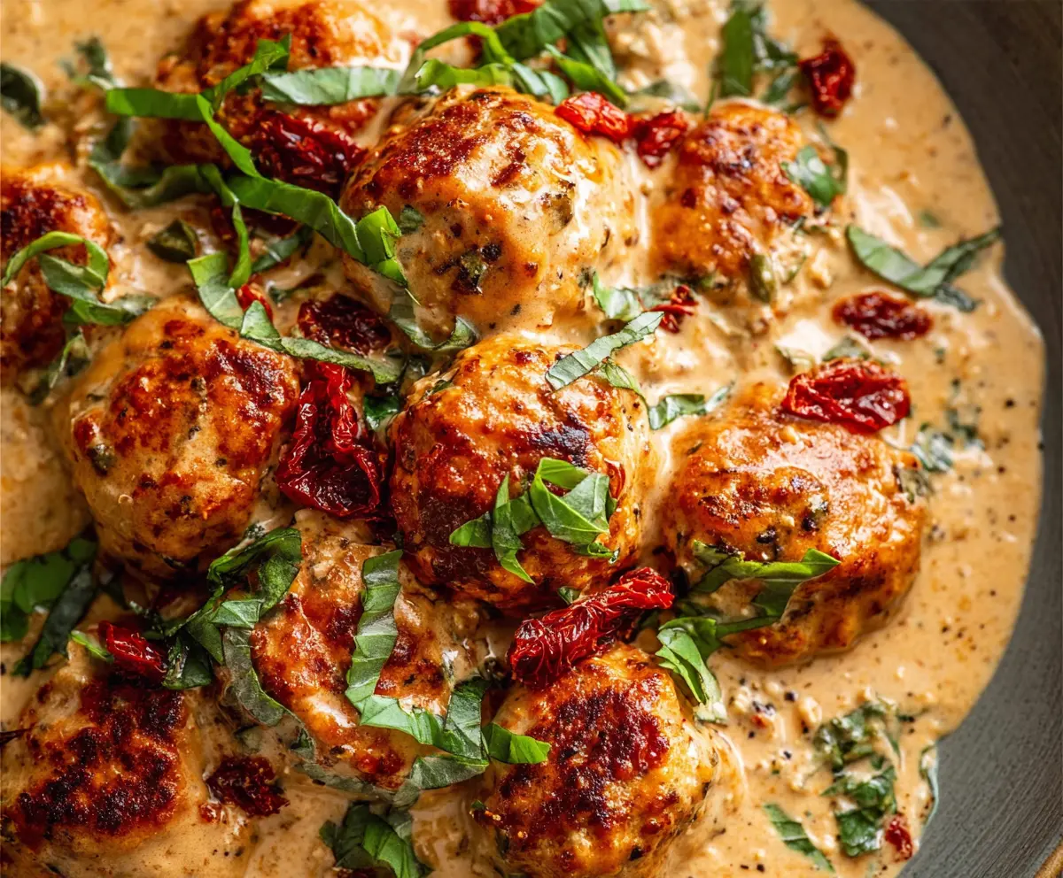 Creamy Marry Me Chicken Meatballs served on a plate, garnished with fresh herbs for a delicious meal.