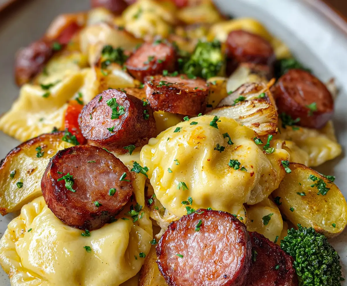 Delicious easy sheet pan pierogies with crispy kielbasa and colorful vegetables on a baking sheet.