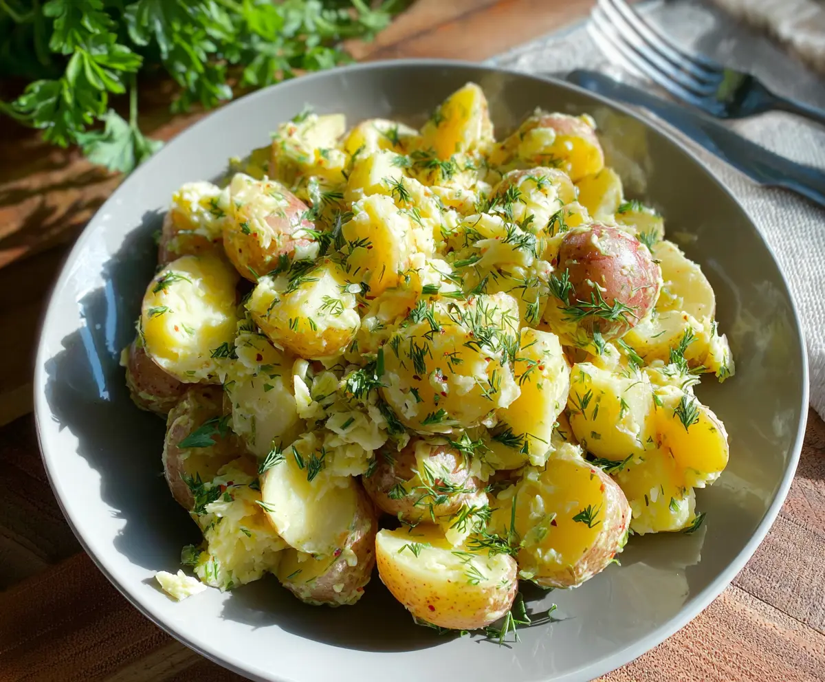 Creamy French-style potato salad with herbs and Dijon dressing on a rustic wooden table