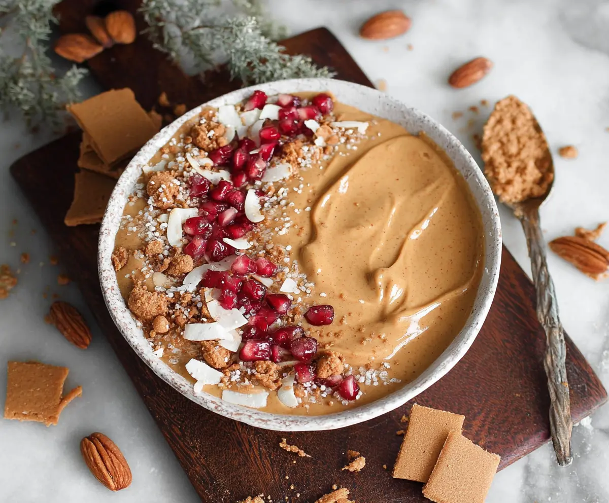 Creamy gingerbread smoothie bowl topped with whipped cream and holiday spices, perfect for festive mornings.