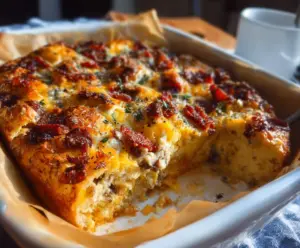 Delicious gluten-free breakfast casserole with eggs, vegetables, and cheese served in a baking dish.