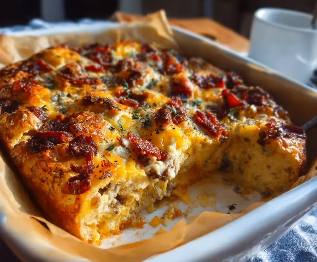 Delicious gluten-free breakfast casserole with eggs, vegetables, and cheese served in a baking dish.
