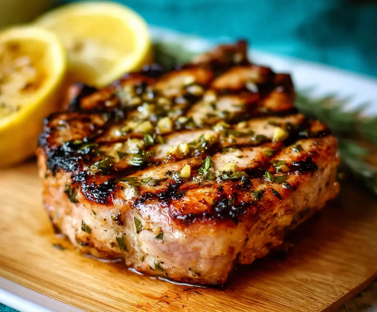Juicy grilled lemon herb pork chops on a plate ready to serve, garnished with fresh herbs.