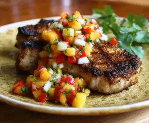 Juicy grilled pork chops topped with vibrant fresh nectarine salsa on a dinner plate.
