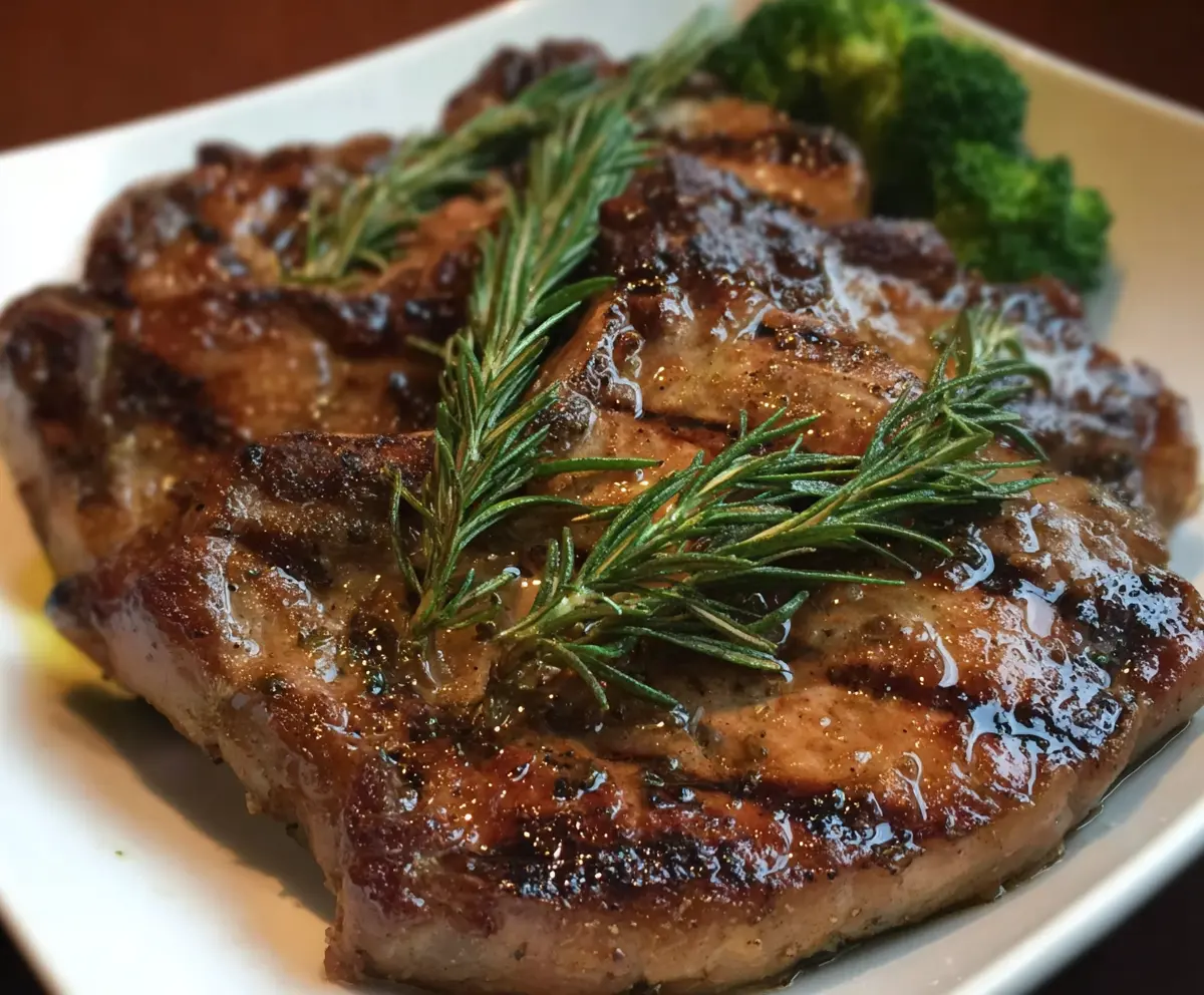Juicy grilled rosemary pork chops served with fresh herbs and vegetables
