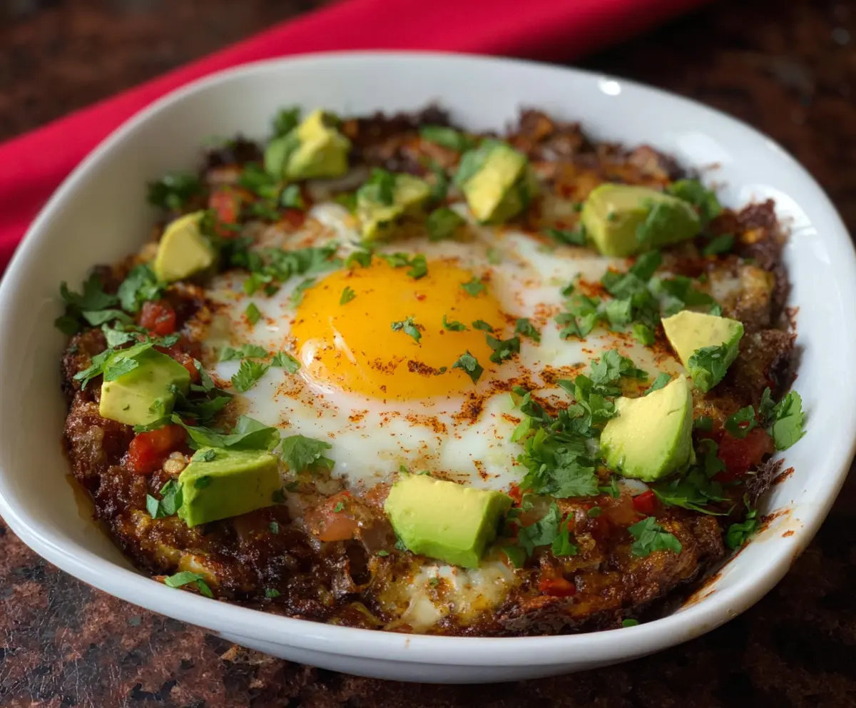 Delicious huevos rancheros breakfast casserole topped with fresh herbs and melted cheese.