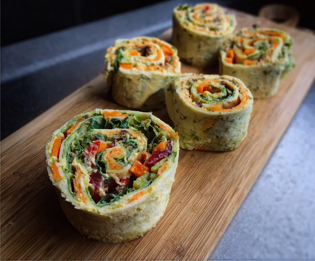 Colorful hummus veggie pinwheels with fresh vegetables and creamy hummus on a white plate